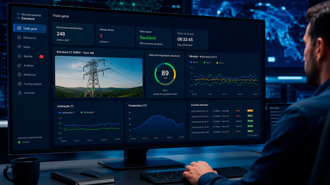 Monitoramento estrutural em tempo real com dashboard de inteligência artificial analisando dados coletados por sensores em torres de transmissão.
