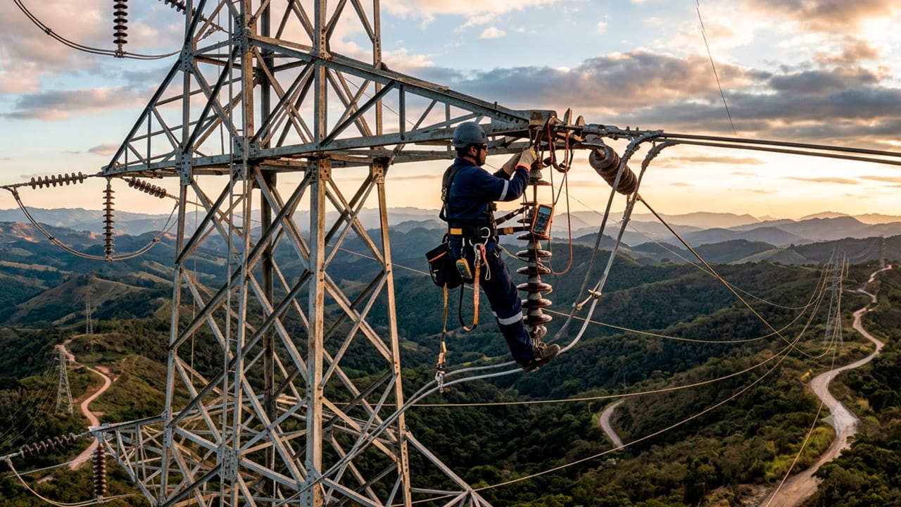 Profissional realizando manutenção preditiva em linhas de transmissão